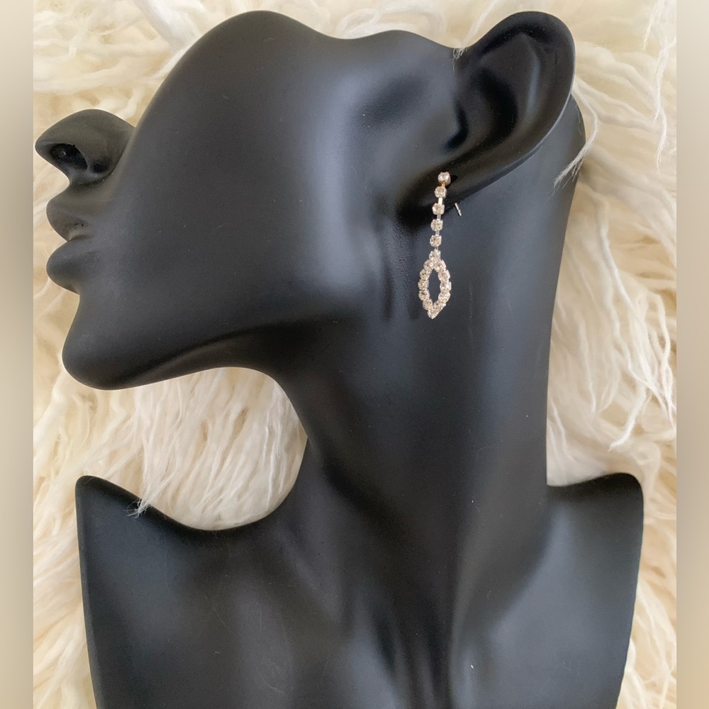 Claw Set Clear Rhinestone Silver Tone Dangle Loop Screw Back Dainty Earrings.